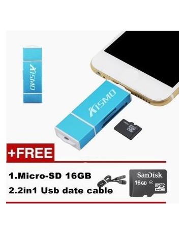 3in1 USB Micro SD TF OTG escritor lector de tarjetas para iPhone Android (Azul)+16GB Tarjeta de memoria - Envío Gratuito