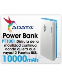ADATA Cargador portátil power bank batería de respaldo, Modelo ADATA PT100 blanco con azul, 10000 mah - Envío Gratuito