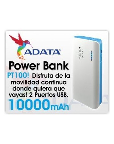 ADATA Cargador portátil power bank batería de respaldo, Modelo ADATA PT100 blanco con azul, 10000 mah - Envío Gratuito