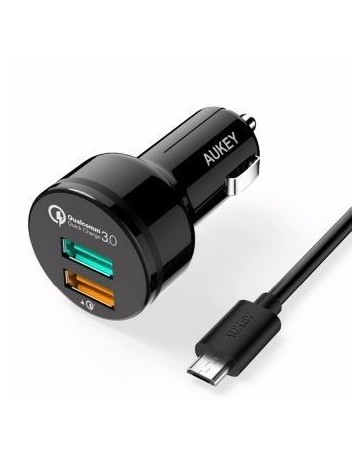 Cargador de Auto Aukey CC-T7 Doble Puerto Usb con Carga Rápida 3.0 -Negro - Envío Gratuito