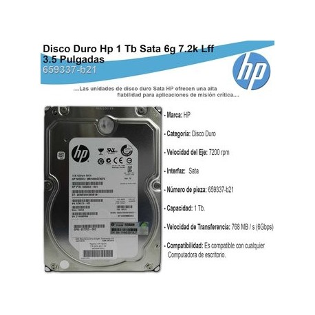 Disco Duro Hp 1 Tb Sata 6g 7.2k Lff 3.5 Pulgadas 659337-b21 - Envío Gratuito