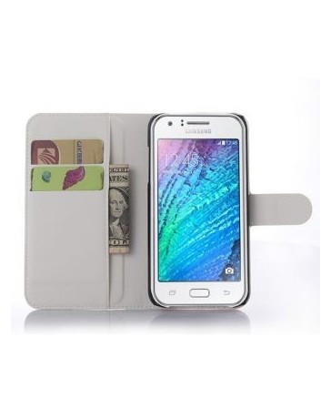 cuero con soporte plegable de ranuras para tarjetas de crédito titular de identificación para Samsung J5-White - Envío Gratuito
