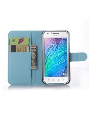 cuero con soporte plegable de ranuras para tarjetas de crédito titular de identificación para Samsung J5-Azul - Envío Gratuito