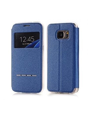 Nuevo toque de diapositivas de ultra cartera de cuero delgada de metal y ventana de vista Para Galaxy S7-Azul - Envío Gratuito