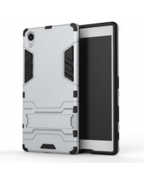 Caso híbrido Heavy Duty armadura cubierta dura con el pie de apoyo para Sony Xperia Z5 de primera calidad (plata) - Envío Gratui